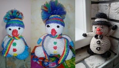 Вязание крючком из мусорных пакетов: снеговики на конкурс в детский сад и подарок на Новый год